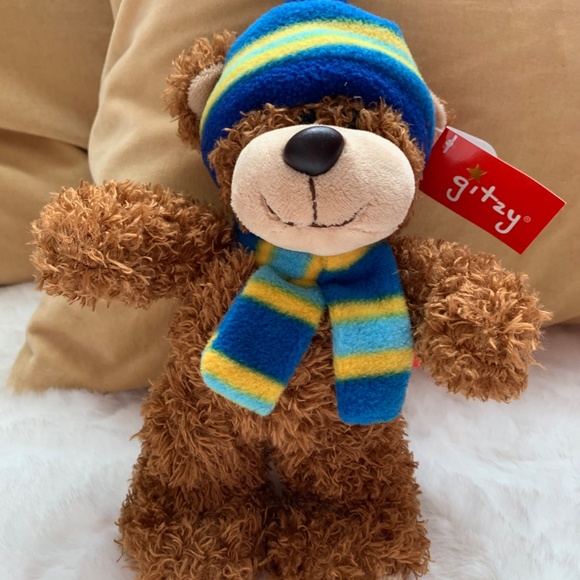 Gitzy 2017 Brown Teddy Bear Plush Blue & Yellow stripe pattern Hat and Scarf 8" - Picture 3 of 12